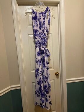 Leslie Fay White Maxi Dress with Purple Floral Print